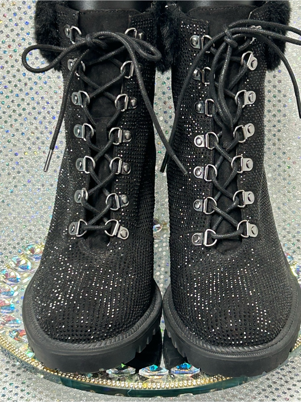 Jessica Simpson Black Rhinestone Lace-Up Combat Boots Size 9.5